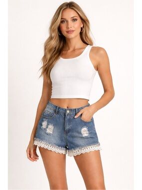 Brave Soul London Distressed Cut- Off Blue Denim Shorts Trimmed Edges Size 6